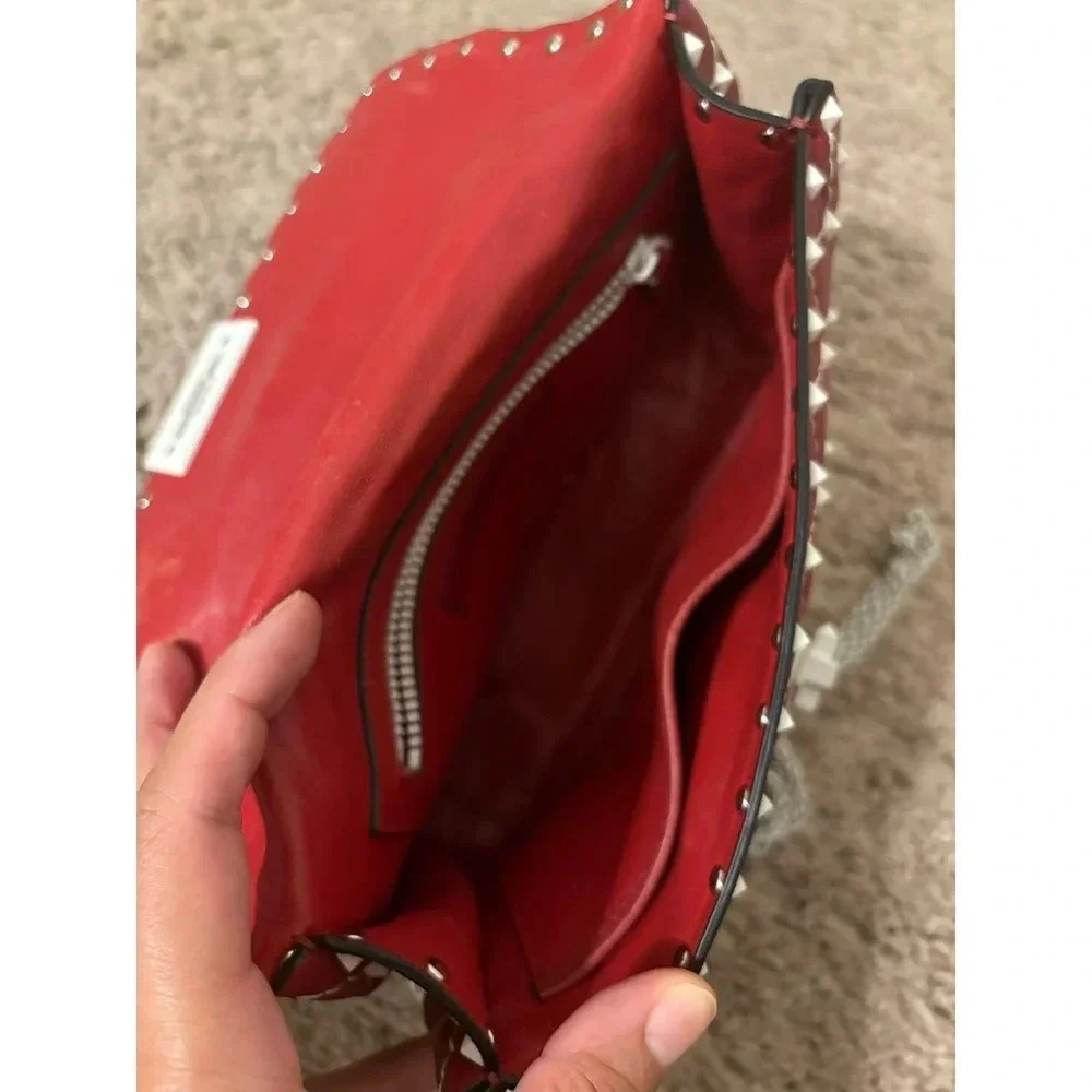 Valentino Rockstud Spike Red White Quilted Handle Shoulder chain Bag.
